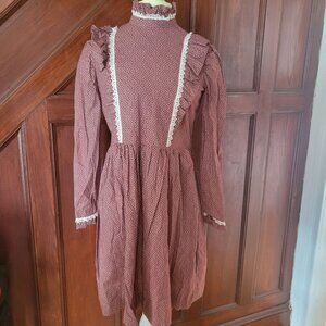 Vintage Burgundy Calico Cottagecore Prairie Dress Ruffle Lace Long Sleeve Size M